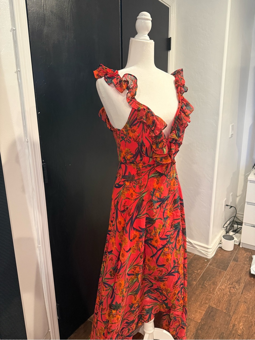 Floral Ruffle V-Neck Maxi Dress in Bright Red